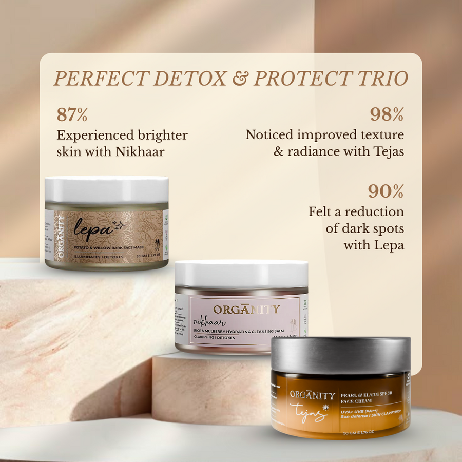 Three skincare jars with a promotional banner about product benefits on a neutral background