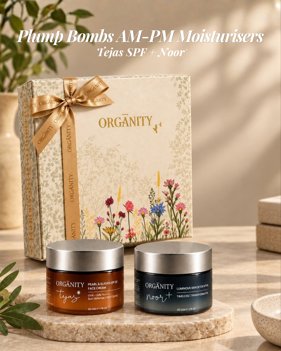 Organity Plump Bombs AM-PM moisturisers in a mint-green ritual gift box