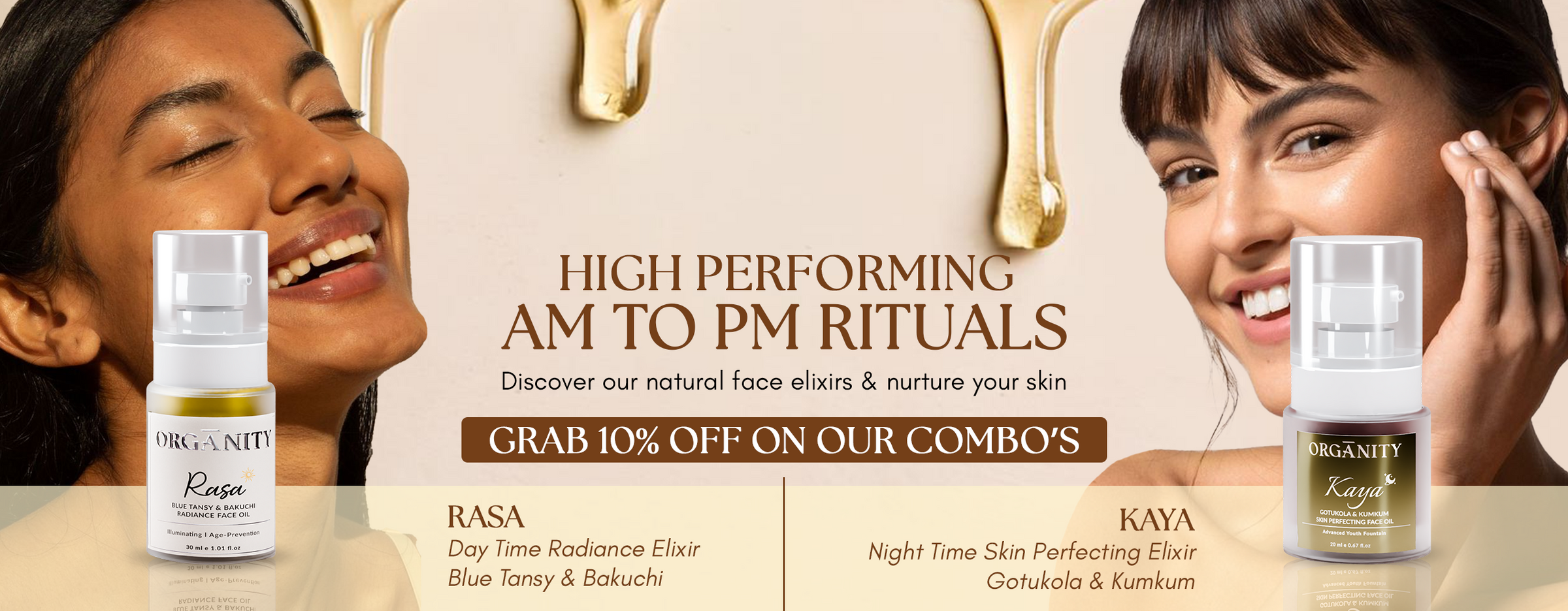 Advertisement for Rasa and Kaya skincare products with two women smiling.