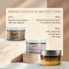 Three skincare jars with a promotional banner about product benefits on a neutral background