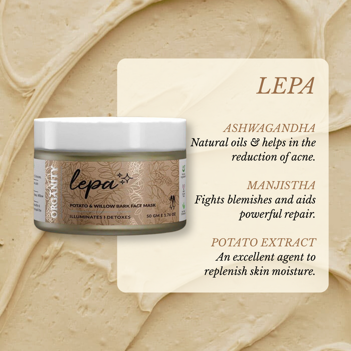 LEPA face mask jar with product details on a beige background