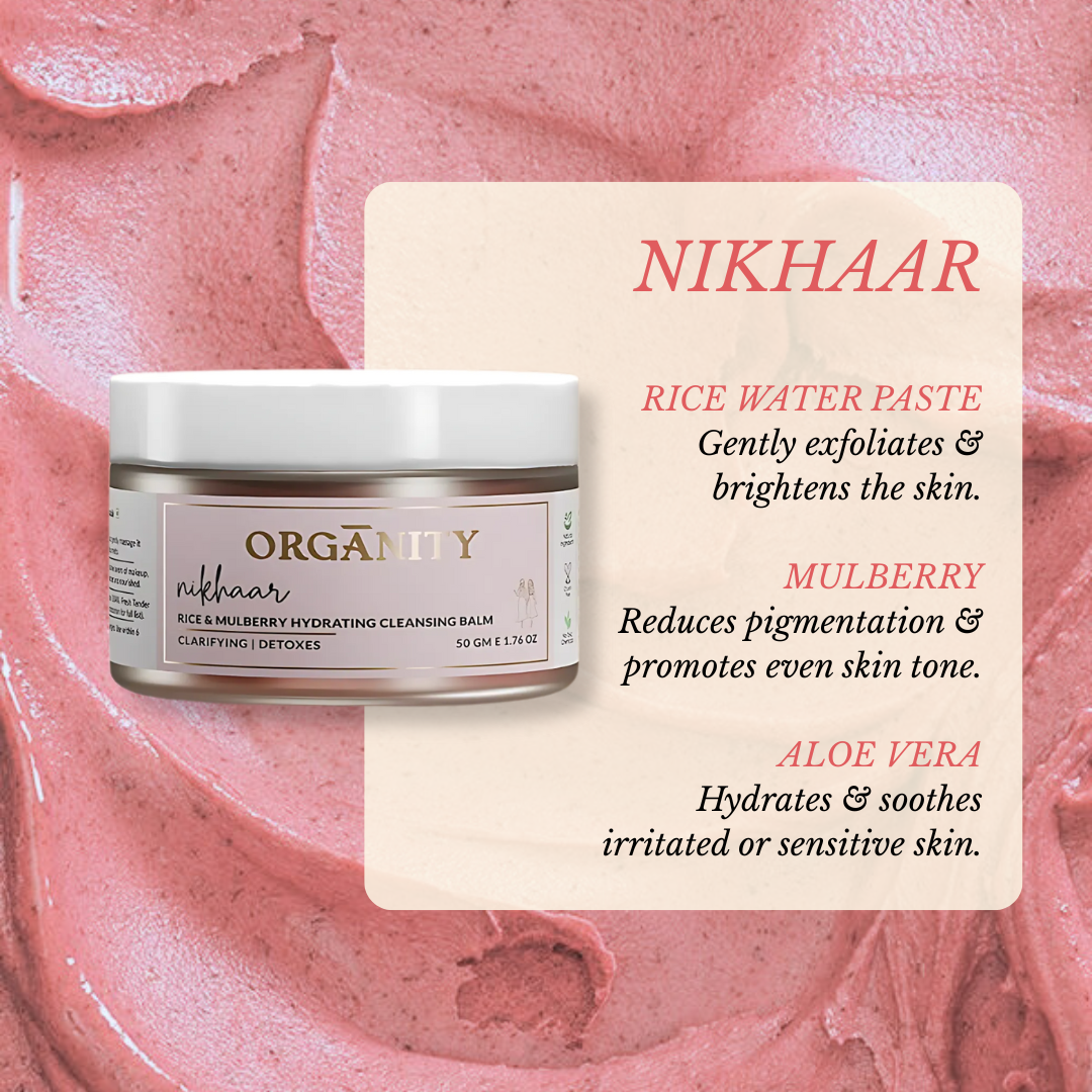 Nikhaar skincare product with a pink textured background