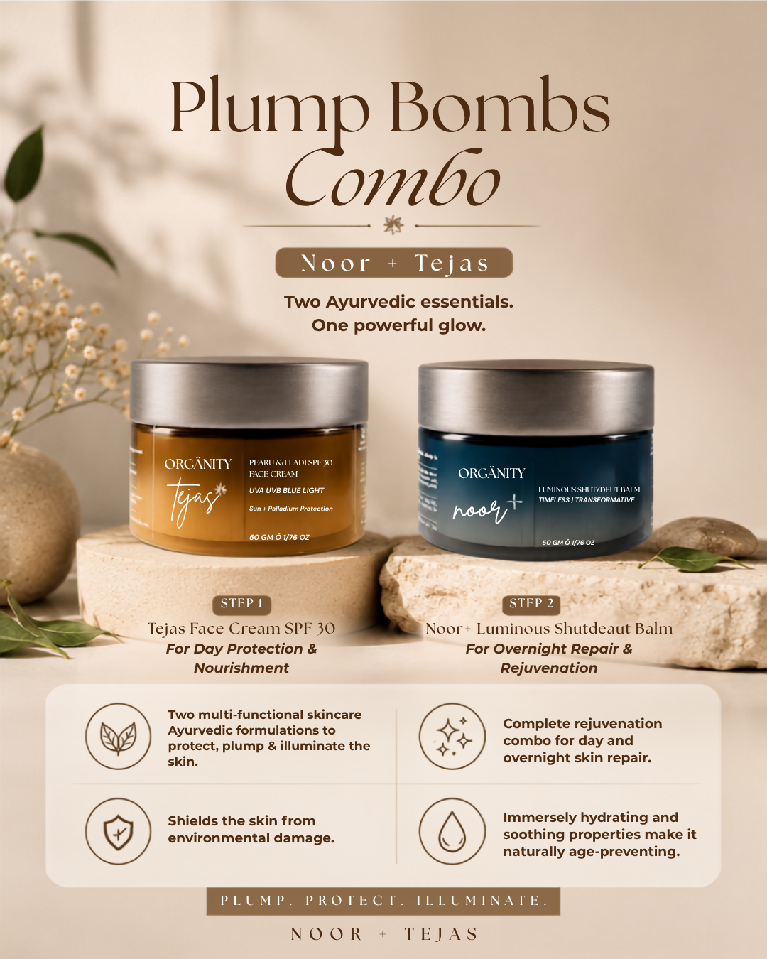 Plump Bombs AM-PM Ritual Box — Tejas Day SPF &amp; Noor+ Night Cream