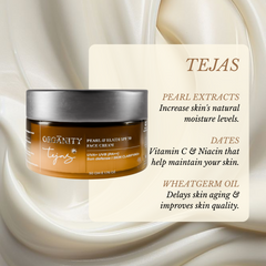 Tejas Organicy cream jar with pearl extracts and text on a beige background