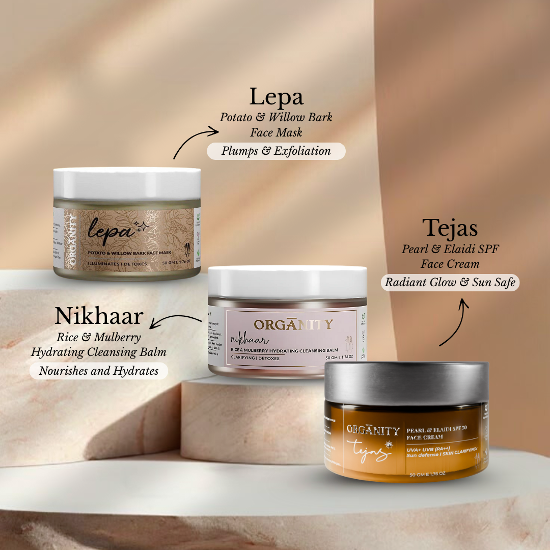 Collection of skincare products with labels on a neutral background