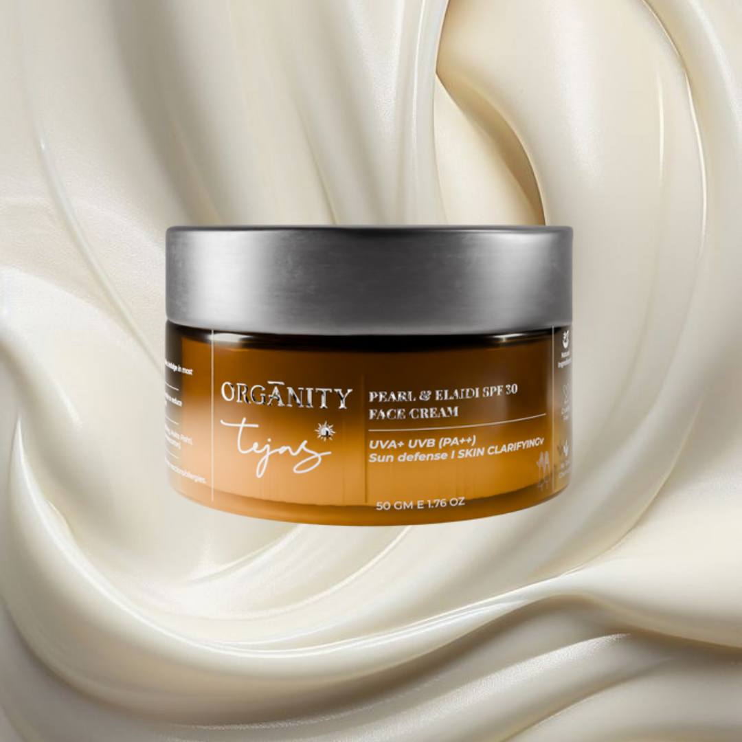 Jar of Organity Tejas Pearl &amp; Elate Face Cream on a beige background