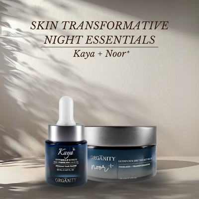 Two skincare products from Kaya and Noor on a neutral background with text 'Skin Transformative Night Essentials'.
