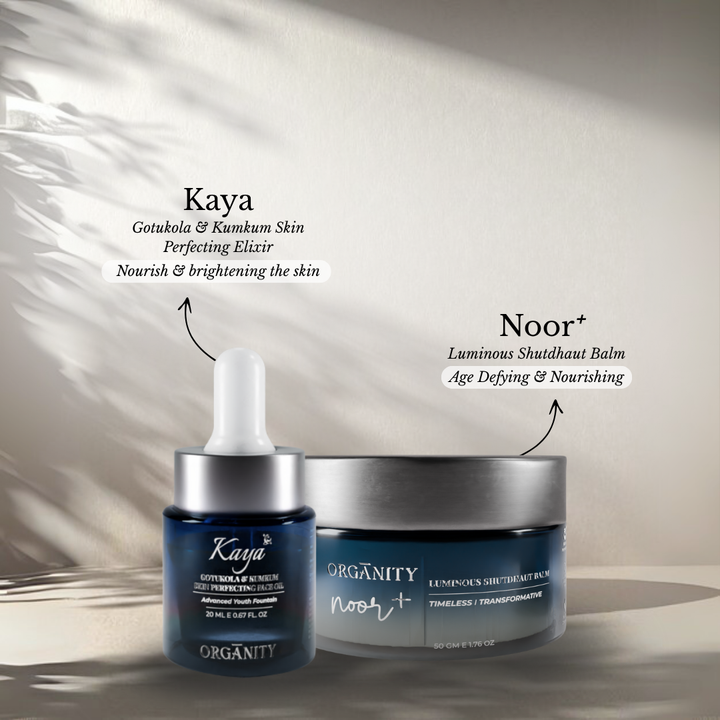 Two skincare products from Kaya and Noor on a neutral background