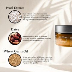 Oganics Tujia pearl extract facial cream with ingredients and benefits on a beige background