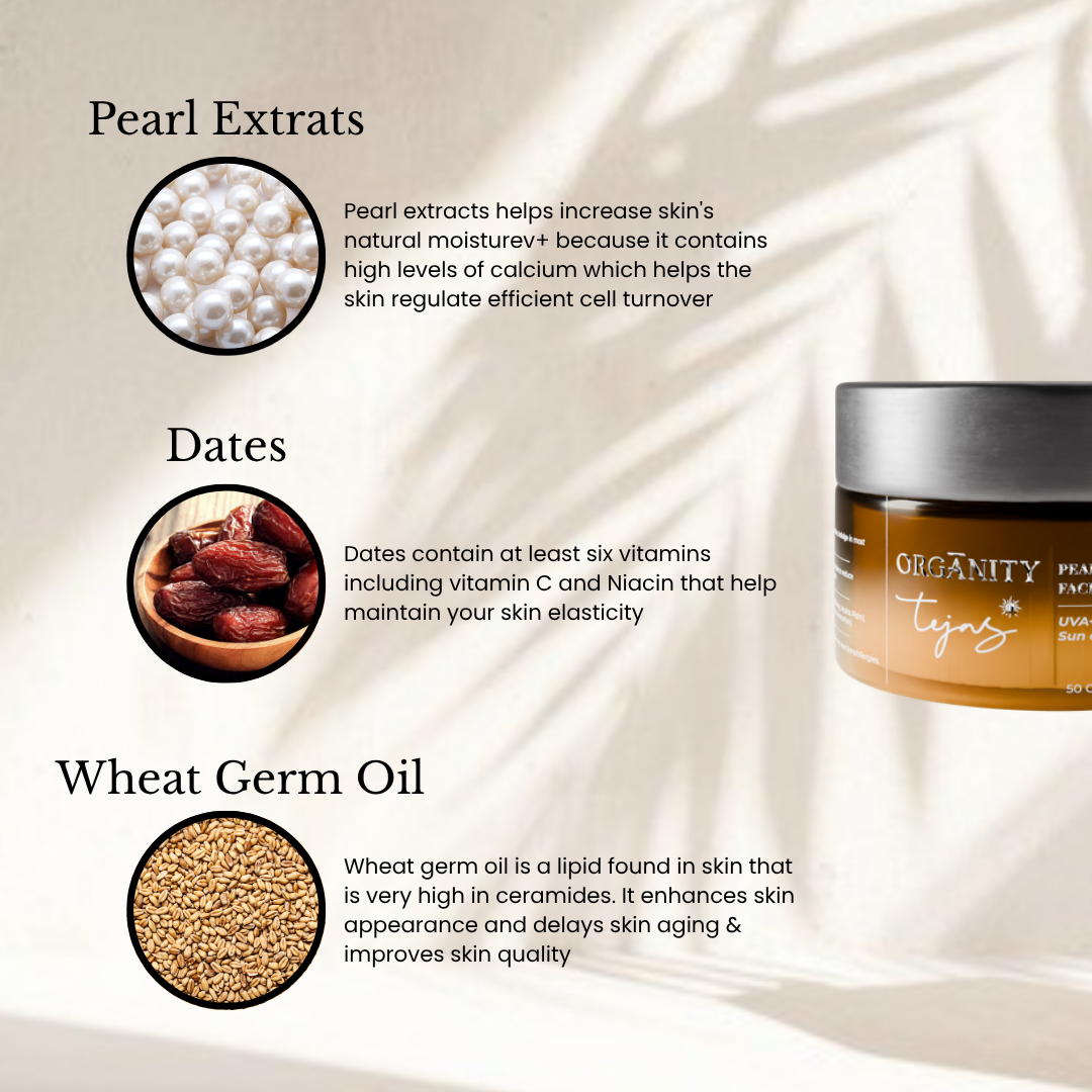 Oganics Tujia pearl extract facial cream with ingredients and benefits on a beige background