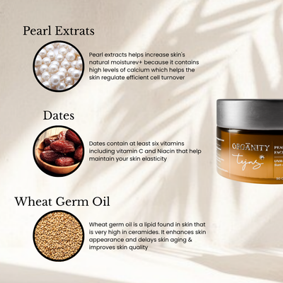 Oganics Tujia pearl extract facial cream with ingredients and benefits on a beige background