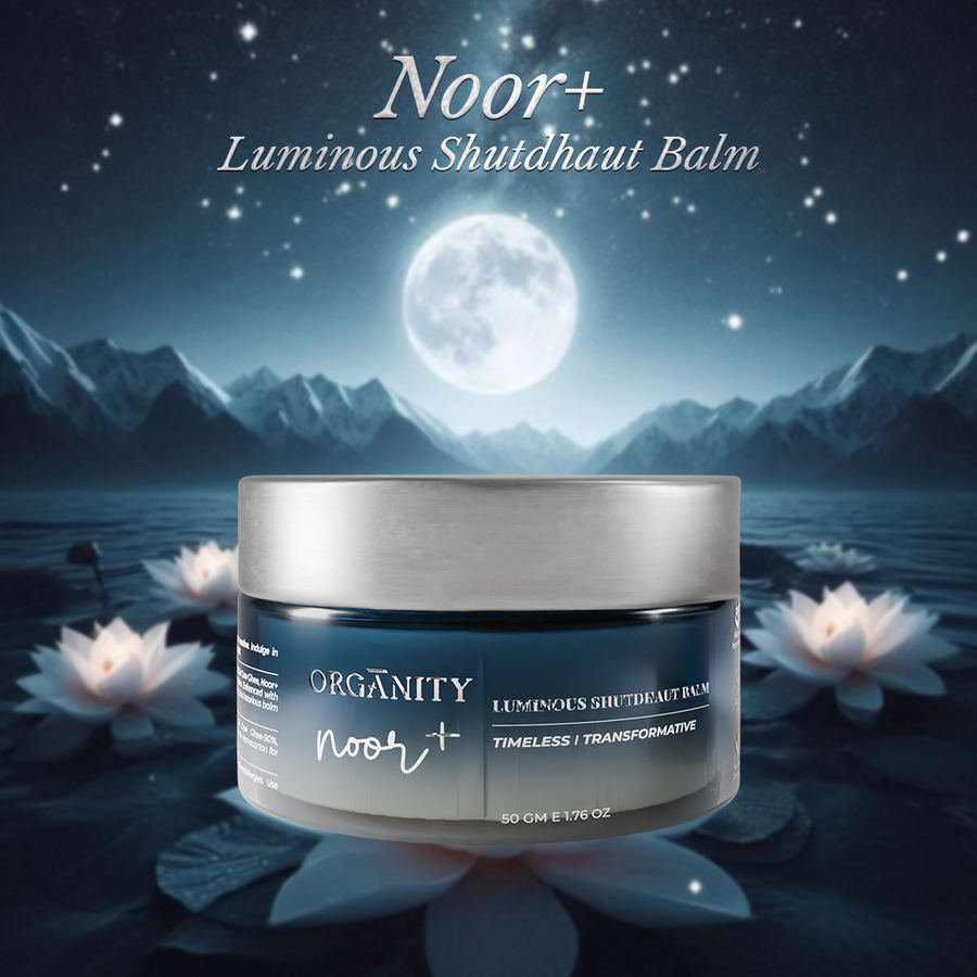 Jar of 'Noor+' Luminous Shutdhaut Balm with a mystical background featuring mountains and a full moon.