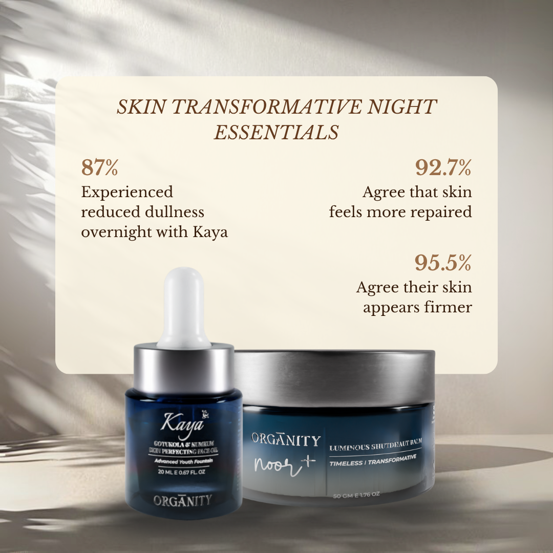 Kaya and Organity Noor+ skincare products with customer feedback on a neutral background