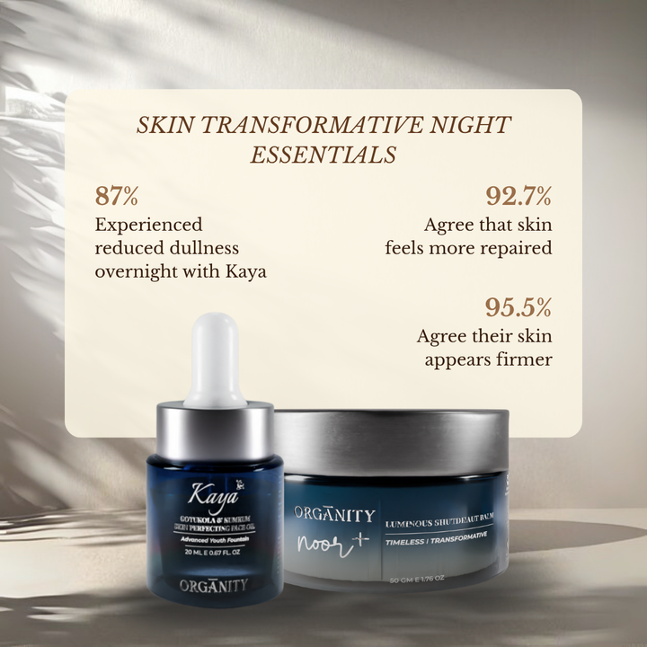 Kaya and Organity Noor+ skincare products with customer feedback on a neutral background