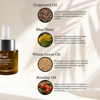 Rasa Organics skincare product with text on benefits of Grapeseed Oil, Blue Tansy, Wheat Germ Oil, and Rosehip Oil.
