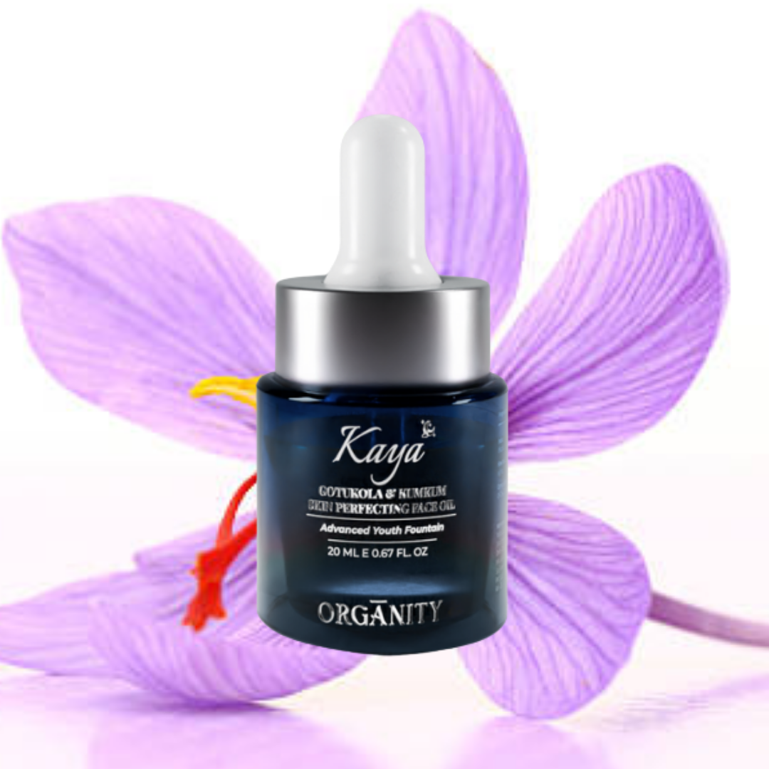 Kaya Organity skincare product with a purple flower background