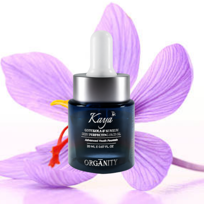 Kaya Organity skincare product with a purple flower background