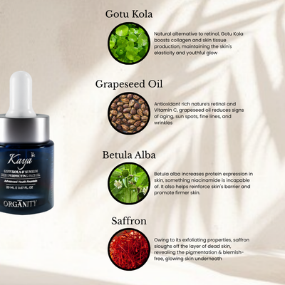 Kaya Organicy skincare product with ingredients and benefits on a beige background