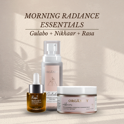 Skincare products with 'ORGANTY' branding on a neutral background