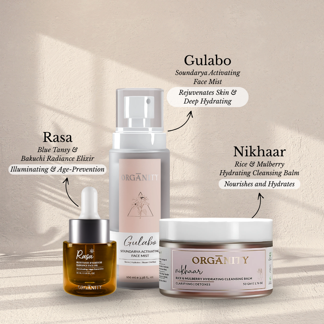 Three skincare products from the brand 'organity' with Gulabo, Rasa, and Nikhaar on a neutral background