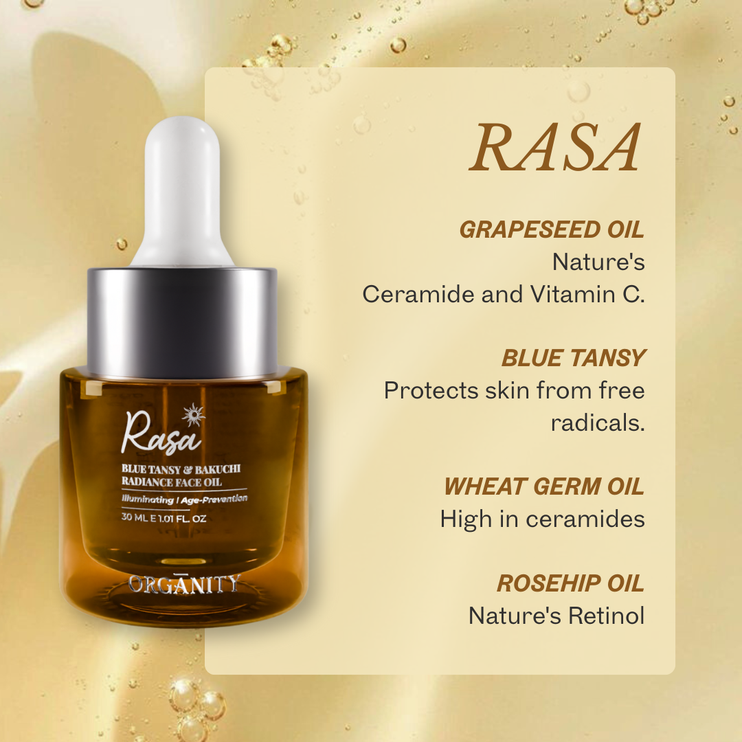 Rasa Grapeseed Oil dropper bottle with product details on a beige background