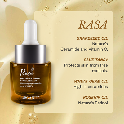 Rasa Grapeseed Oil dropper bottle with product details on a beige background