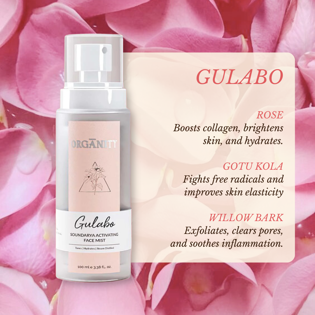 Gulabo skincare product with packaging on a pink floral background