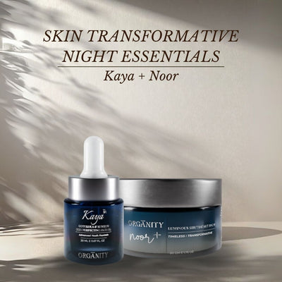 Two skincare products from Kaya and Noor on a neutral background with text 'Skin Transformative Night Essentials'.