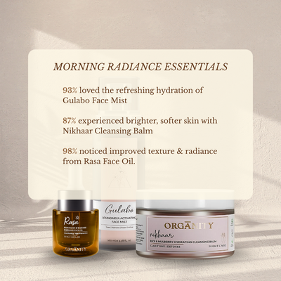Three skincare products with their names and benefits displayed on a light background